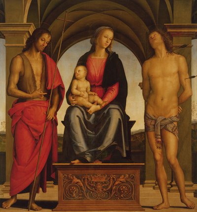 Madonna and Child Enthroned between St John the Baptist and St Sebastian, 1493 by Pietro Perugino